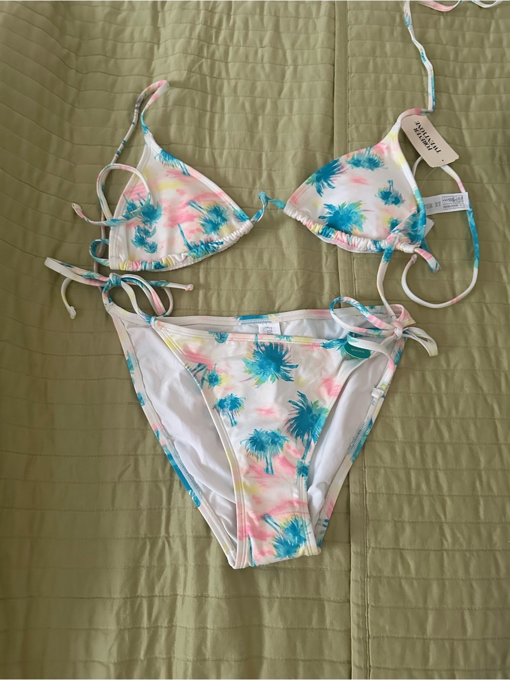 Palm Print Triangle Bikini Set - Blue & Pink